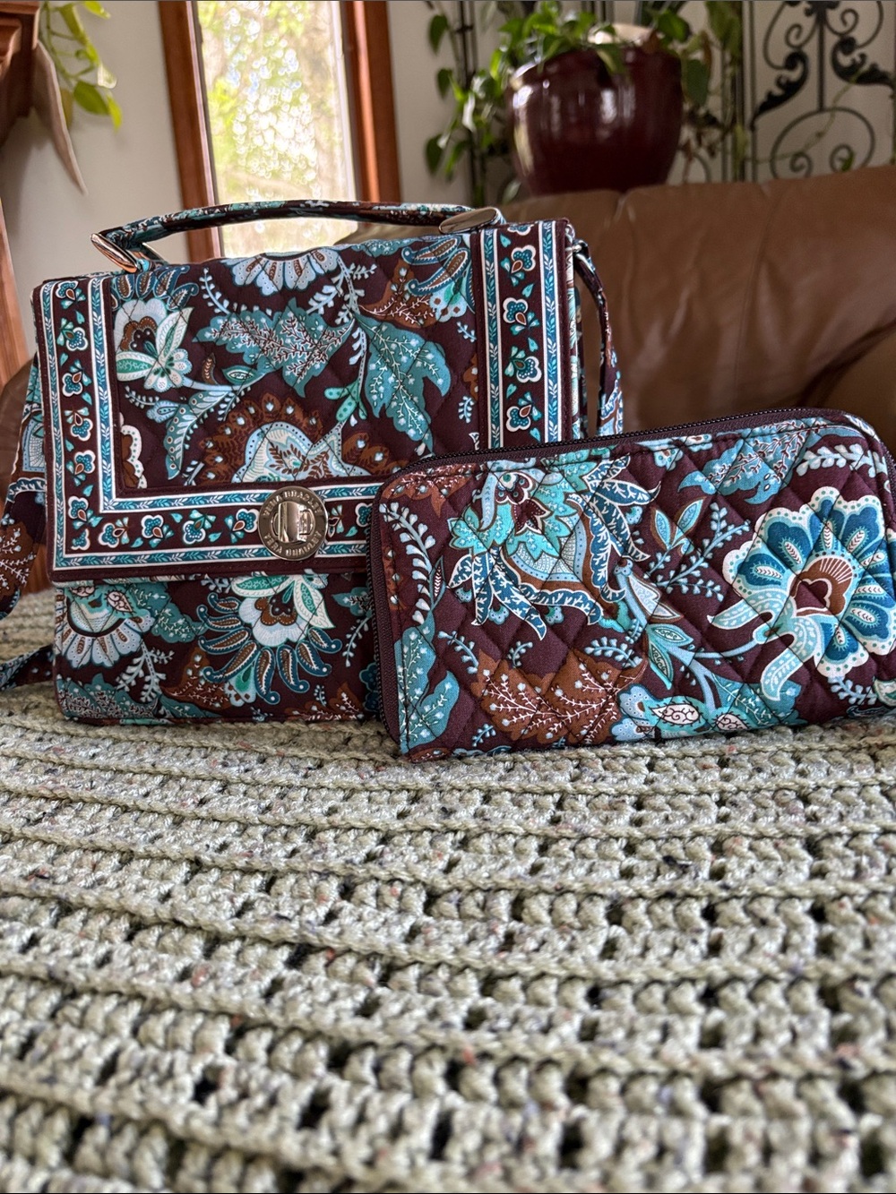 Vera Bradley Brown & Teal Quilted Crossbody with Matching Wallet